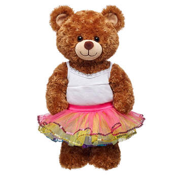 Teddy bear size rainbow-coloured tulle tutu skirt has sequin trim.
