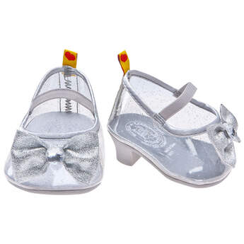 Teddy bear size high heels have a silver-coloured sparkle and cute bow with gem.
