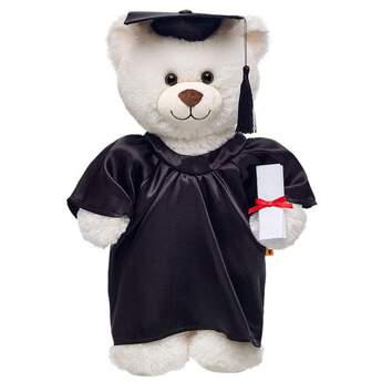 Give a personalised graduation gift when you outfit a teddy bear in this black graduation set. The set includes a black satin gown, hat, plush diploma and tassel. Say congratulations with a beary special graduation teddy bear.