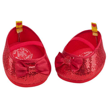 Teddy bear size red flats have all-over sparkle and a sweet bow.