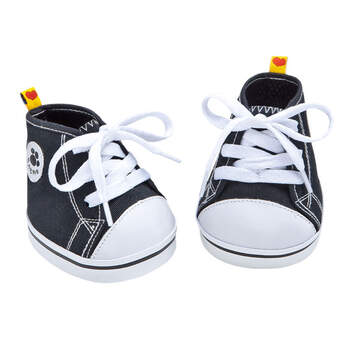 Teddy bear size black canvas high-tops have white laces and a BABW&reg; patch on the side.