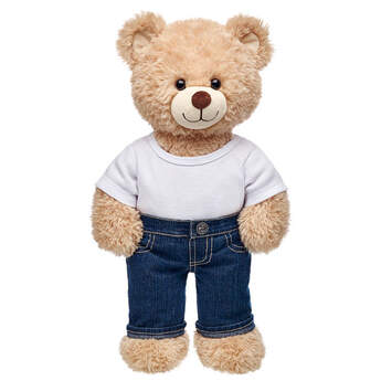 Teddy bear size denim jeans make a fashion statement.