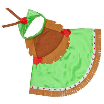 This MY LITTLE PONY APPLEJACK Cape is green with brown fringe and fun apple accents. MY LITTLE PONY and all related characters are trademarks of Hasbro and are used with permission.  2014 Hasbro. All Rights Reserved.