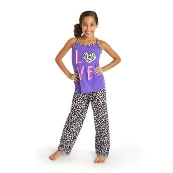 It&#39;s a pyjama party, leopard print-style! Get ready for bed in these comfy-cute PJs with a sleeveless purple top with LOVE spelled out and leopard print trim, and matching leopard print pyjama pants. Dress your furry friend in a matching set! Size 5/6.