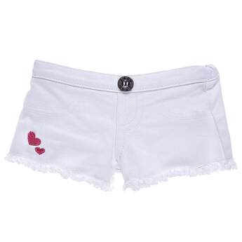 Perfect for sunny days, these classic white denim shorts add some seriously cool style to any look. With a fashionably frayed hem, these cut off shorts feature white stitching and two small pink hearts on the right knee. Match these shorts with a cute pair of sandals or shoes and your furry friend is all set for the warm weather!