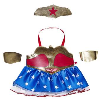 This Wonder Woman costume turns any furry friend into an iconic superhero! Dress your Wonder Woman Cat or other favorite furry friend in this four piece costume inspired by Wonder Woman&#39;s trademark look. Featuring the red and gold dress with a blue and white star pattern on the bottom, this set also includes two gold wrist cuffs and a gold headpiece. It&#39;s a powerful look that will delight DC fans of all ages! &trade; &amp;  DC Comics. &#40;s13&#41;