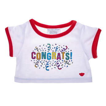 Congratulations are in order! There&#39;s no cuter way to say &quot;Congrats!&quot; than with this furry friend-sized T-shirt. This white and red ringer tee has a red bear emblem on the bottom left and a festive &quot;Congrats!&quot; graphic with confetti in the middle. Dress a special furry friend in this fun T-shirt to make a one-of-a-kind gift!